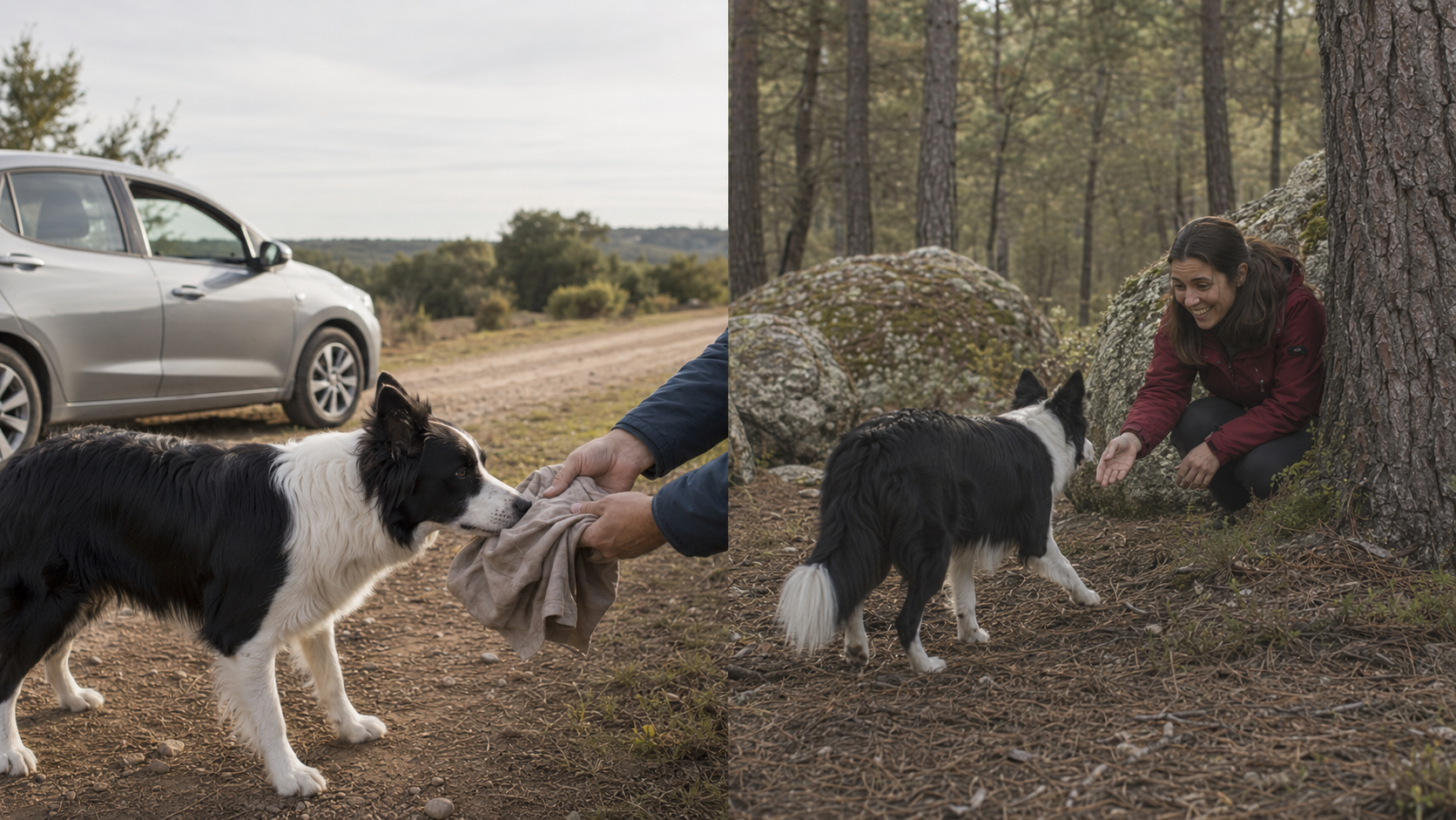 Dos escenas de mantrailing: el perro toma el olor de referencia y después sigue el rastro hasta encontrar a la persona