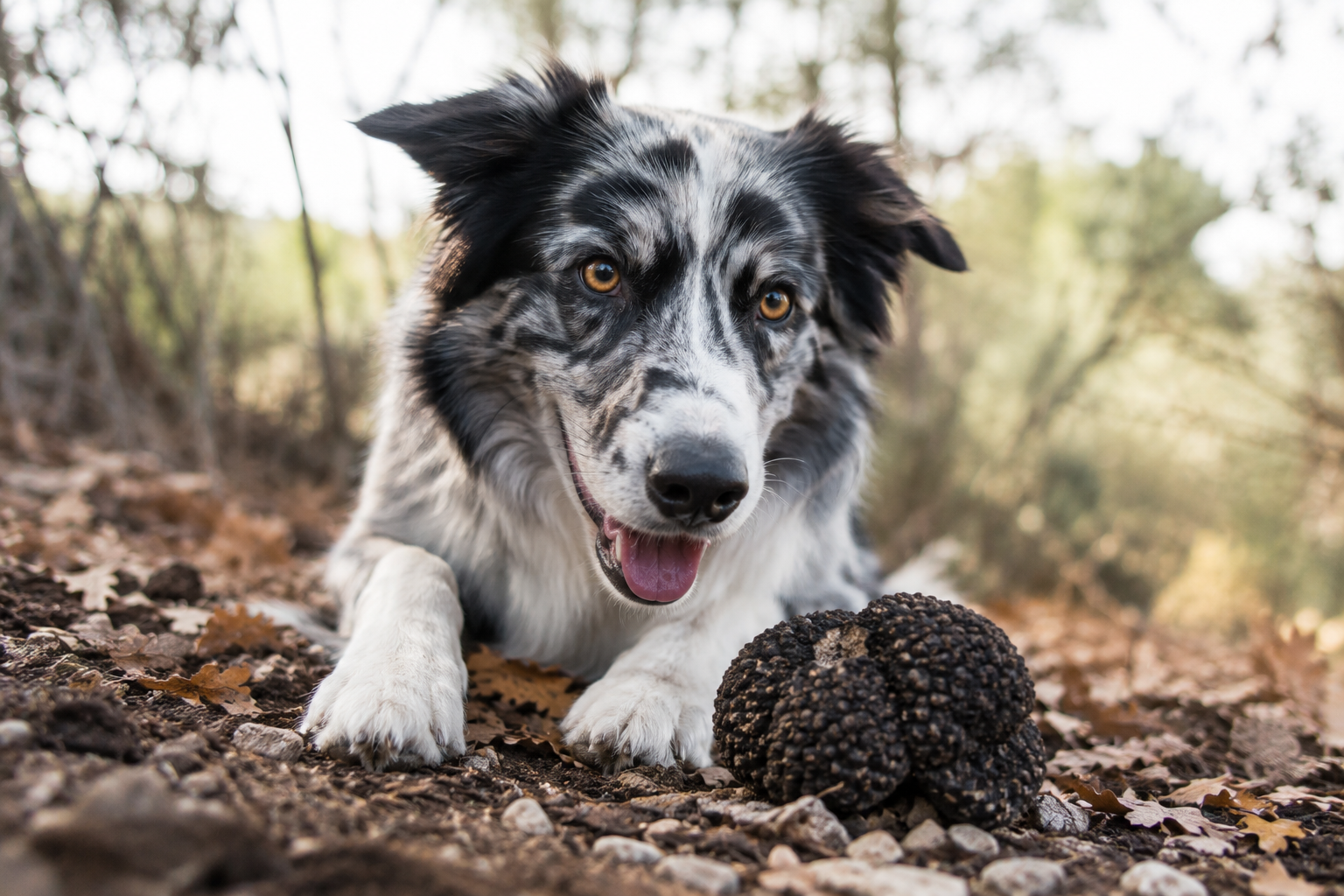 Perro trufero tumbado junto a una trufa negra en el bosque