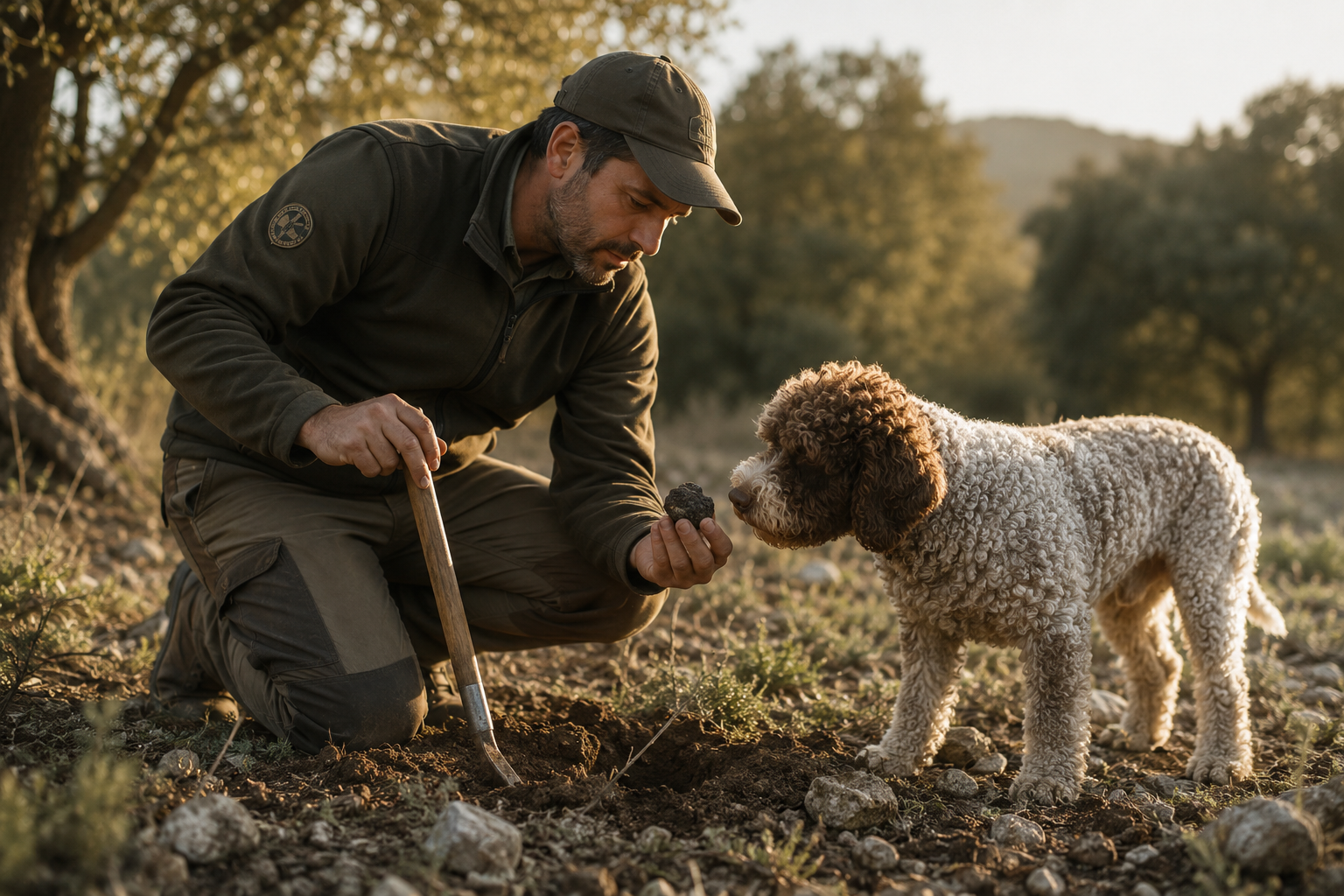 Guia trabajando la busqueda de trufas con un perro trufero