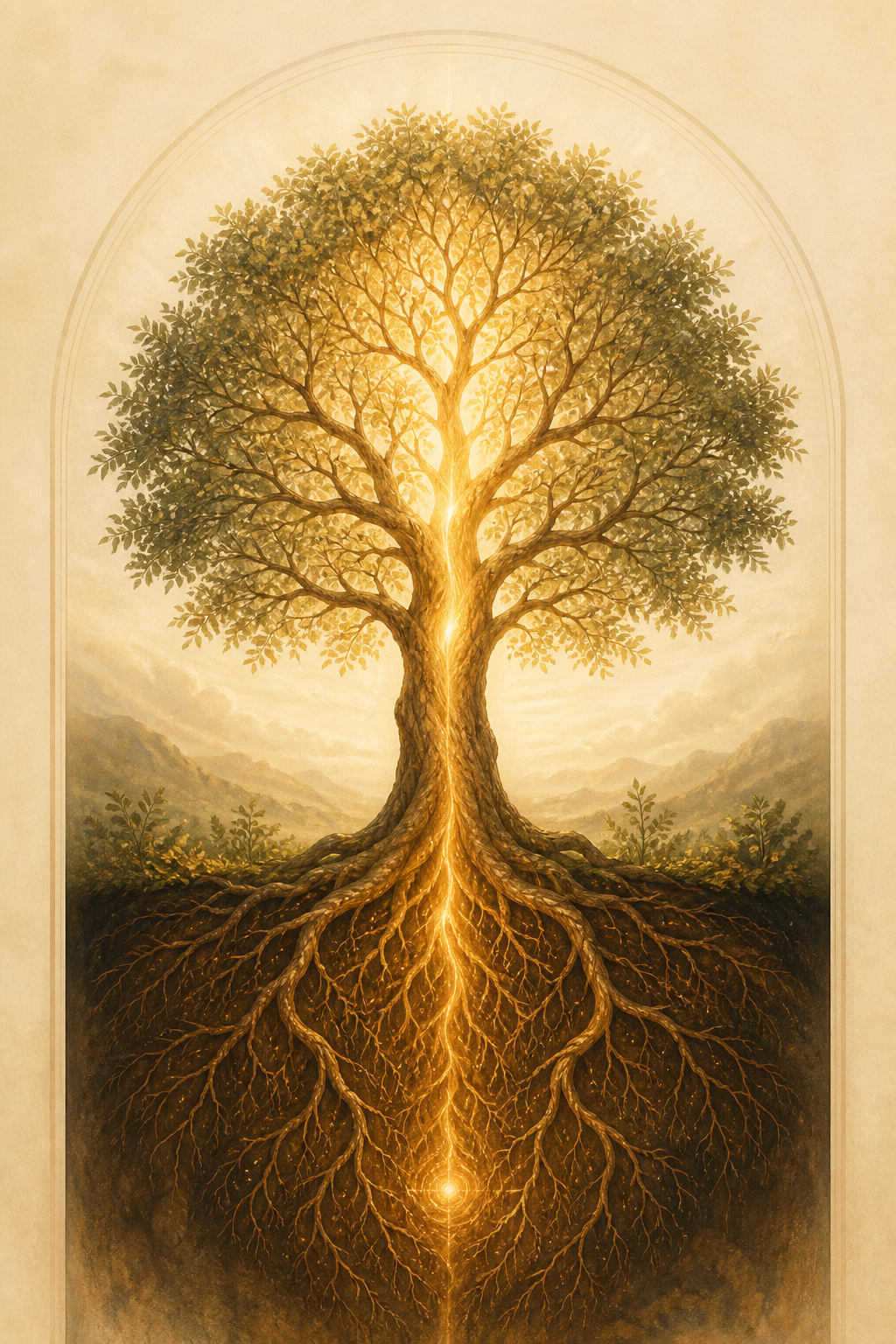 Árbol de la vida con raíces en sombra y luz dorada ascendiendo hacia la copa