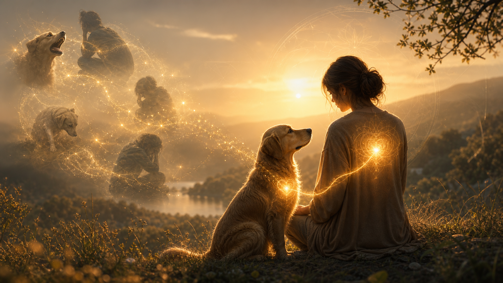 Persona y perro unidos por una luz cálida