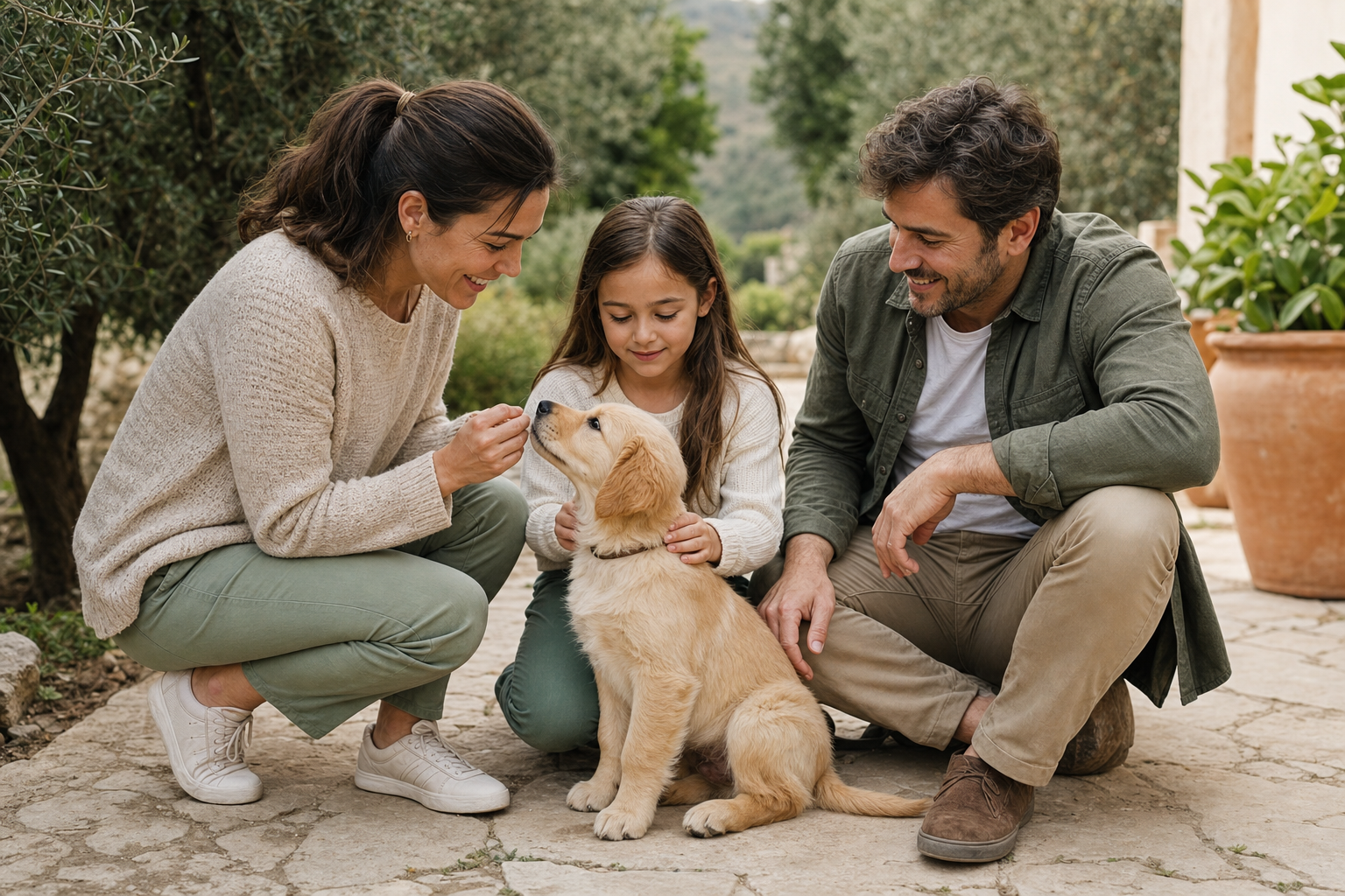 Familia aprendiendo a convivir con su cachorro