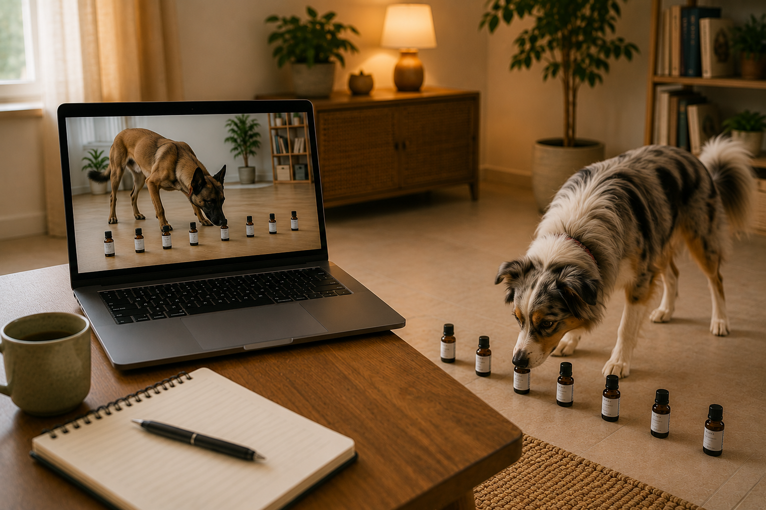 Perro practicando detección de aromas junto a una clase online