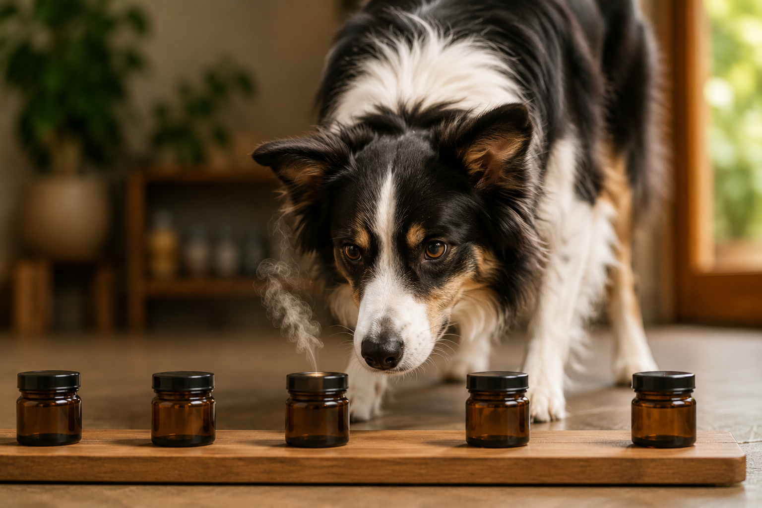 Perro detectando aromas con botes de aceites esenciales